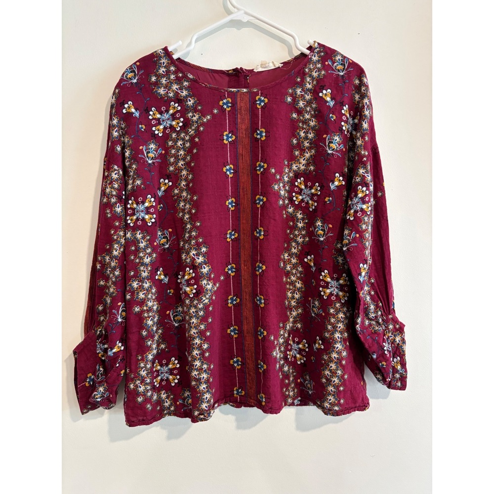 Entro Floral Button Back Blouse Womens Size Large Burgundy Boho‎ Long Sleeve
